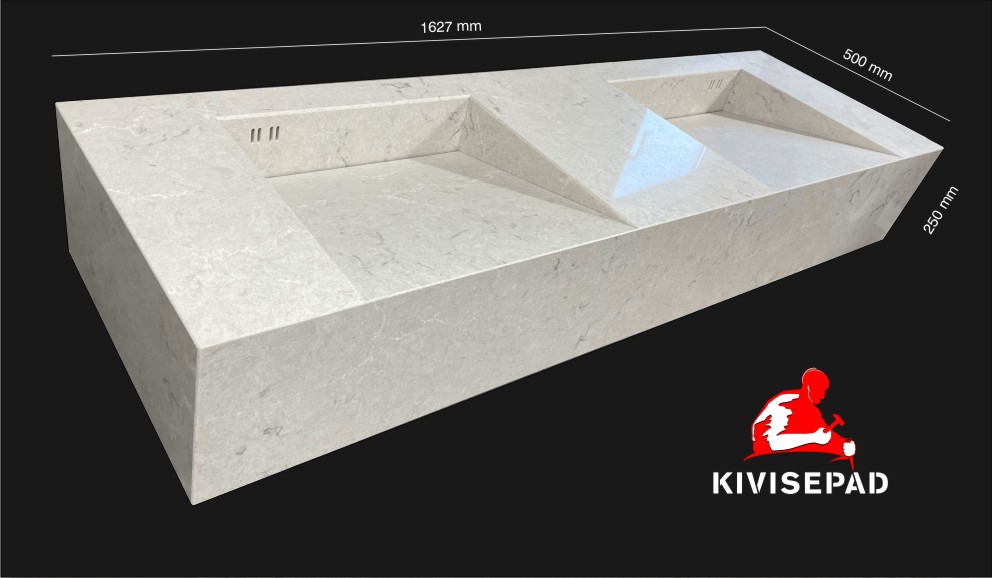 Baderomsbenkeplate med steinvasker i Bianco Drift-kvarts.